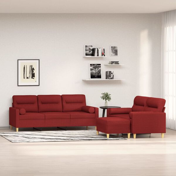 vidaXL Juego de sof&aacute;s con cojines 3 piezas tela rojo tinto