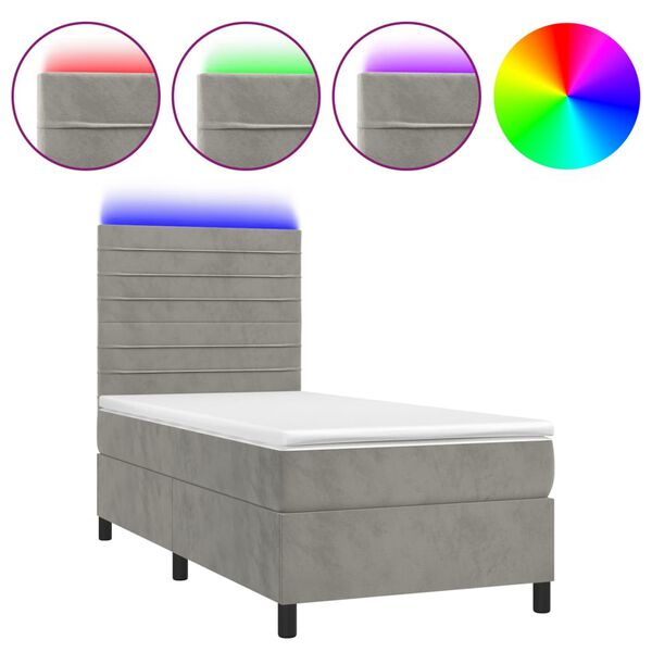 vidaXL Cama box spring colch&oacute;n y LED terciopelo gris claro 100x200 cm