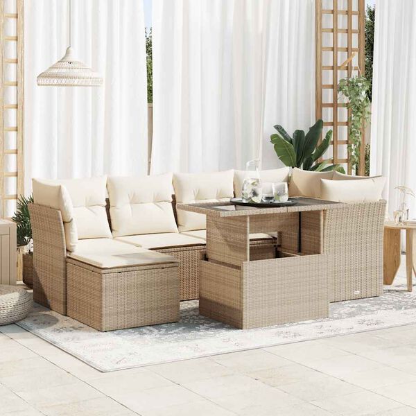 vidaXL Set sof&aacute;s de jard&iacute;n 7 piezas y cojines rat&aacute;n sint&eacute;tico beige