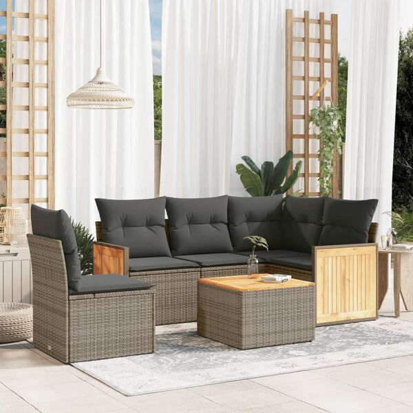 vidaXL Set de muebles de jard&iacute;n 6 pzas y cojines rat&aacute;n sint&eacute;tico gris