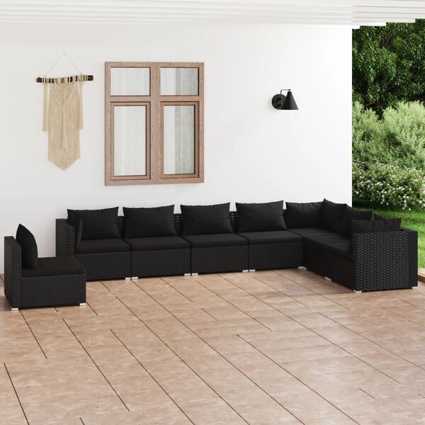 vidaXL Set de muebles de jard&iacute;n 8 pzas y cojines rat&aacute;n sint&eacute;tico negro