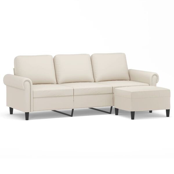 vidaXL Sof&aacute; de 3 plazas con taburete cuero sint&eacute;tico crema 180 cm