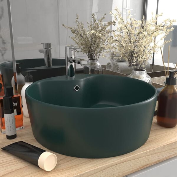 vidaXL Lavabo lujo con rebosadero cerámica verde oscuro mate 36x13 cm