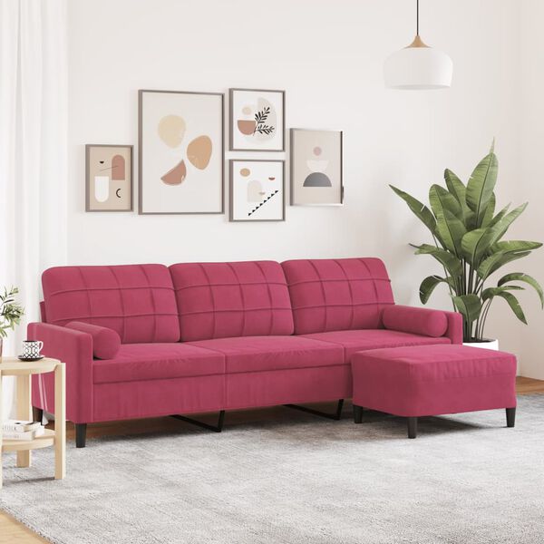 vidaXL Sof&aacute; de 3 plazas con taburete de terciopelo rojo tinto 210 cm