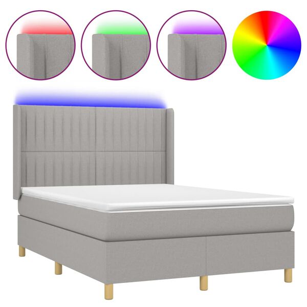 vidaXL Cama box spring colch&oacute;n y luces LED tela gris claro 140x190 cm