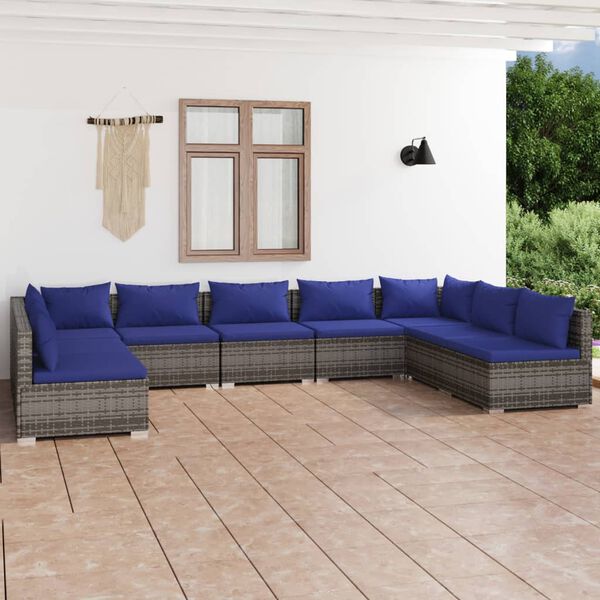 vidaXL Set de muebles de jard&iacute;n 9 pzas y cojines rat&aacute;n sint&eacute;tico gris