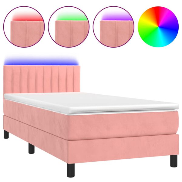 vidaXL Cama box spring colch&oacute;n y LED terciopelo rosa 80x200 cm