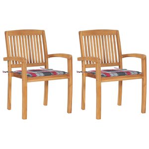 vidaXL Sillas de jard&iacute;n 2 uds madera de teca y cojines a cuadros rojos