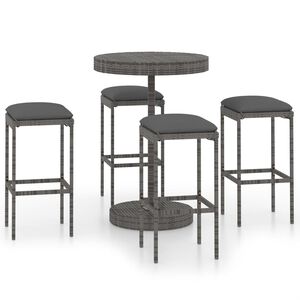 vidaXL Set muebles bar jard&iacute;n 5 piezas y cojines rat&aacute;n sint&eacute;tico gris