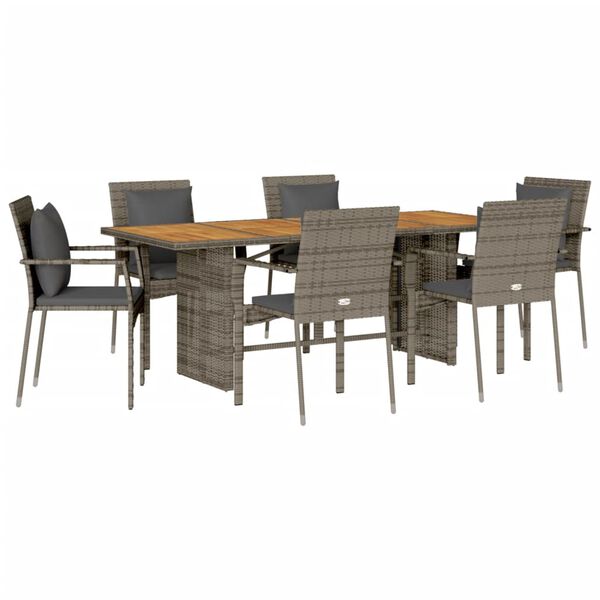 vidaXL Set comedor jard&iacute;n 7 pzas y cojines rat&aacute;n sint&eacute;tico gris