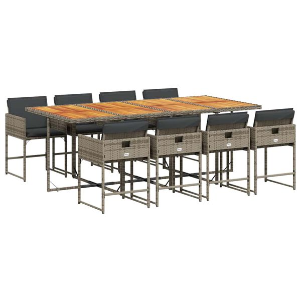 vidaXL Set comedor jard&iacute;n 9 pzas y cojines rat&aacute;n sint&eacute;tico gris