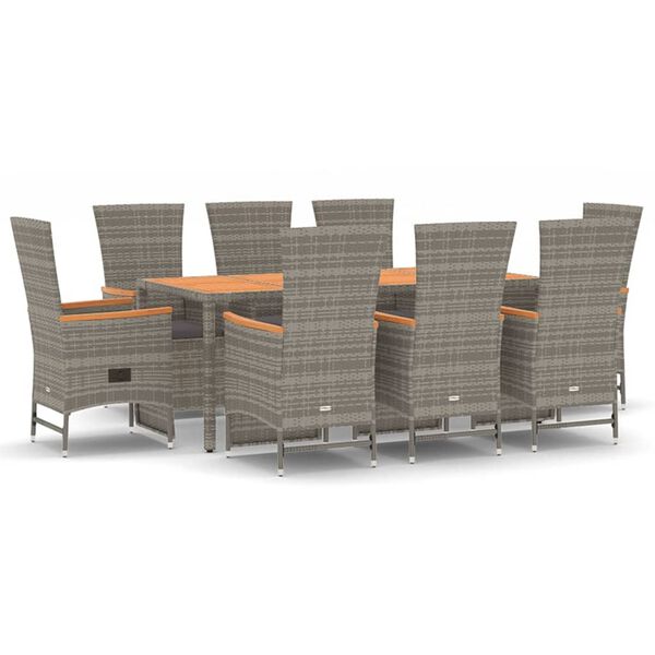 vidaXL Set comedor jard&iacute;n 9 pzas y cojines rat&aacute;n sint&eacute;tico gris