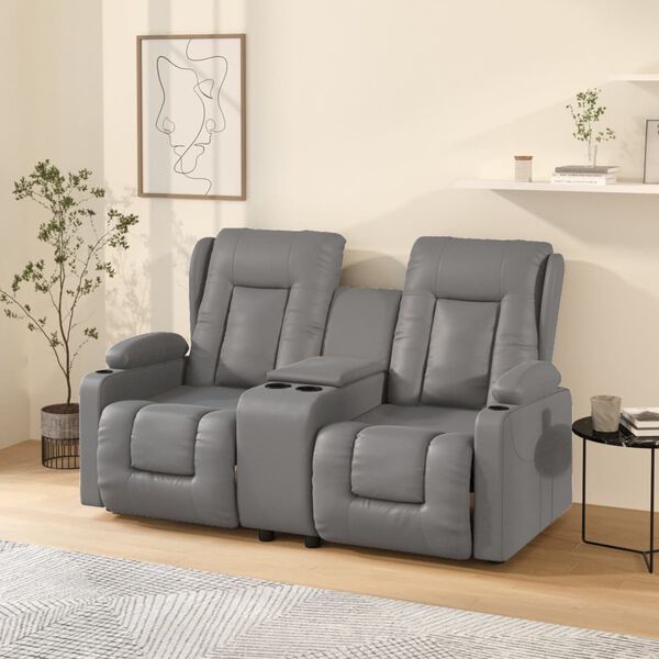 vidaXL Sillón reclinable masaje 2 plazas y portavasos cuero PE gris