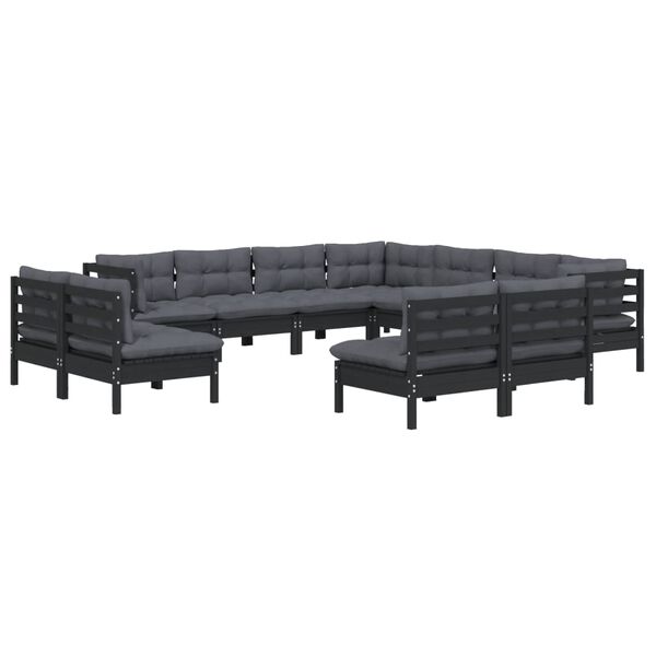 vidaXL Muebles de jardín 11 pzas y cojines negro madera maciza de pino