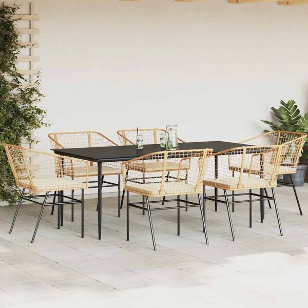 vidaXL Juego de comedor de jard&iacute;n 7 pzas con cojines rat&aacute;n PE marr&oacute;n