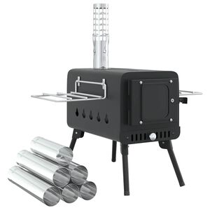 vidaXL Estufa le&ntilde;a de tienda con chimenea patas plegables acero negro
