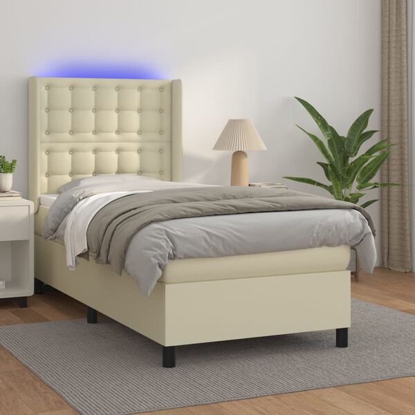 vidaXL Cama box spring y colch&oacute;n LED cuero sint&eacute;tico crema 90x190 cm