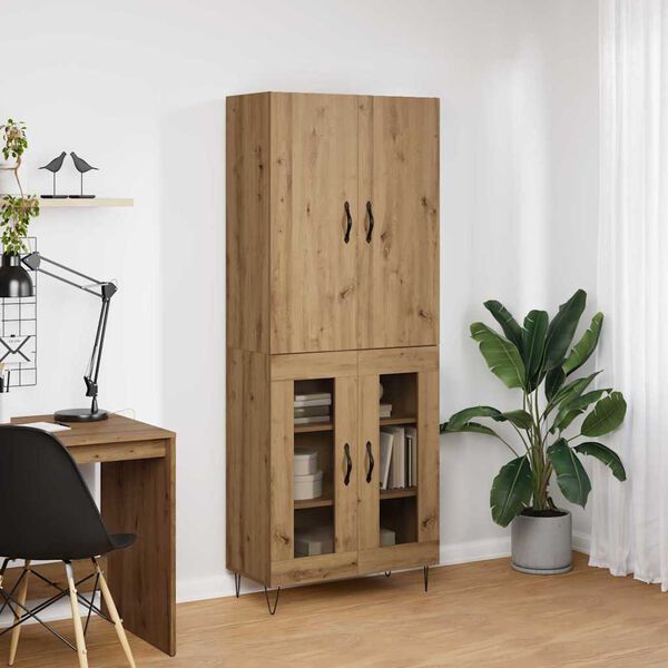 vidaXL Aparador alto 2 pcs Roble artesanal Madera tecnol&oacute;gica y vidrio