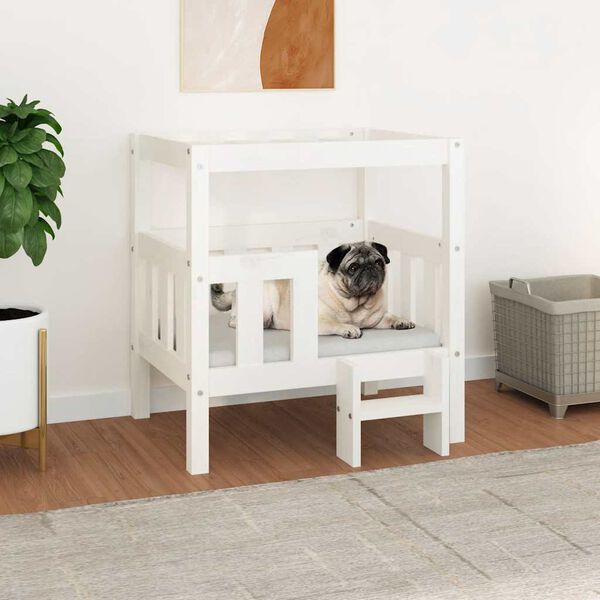 vidaXL Cama para perros madera maciza de pino blanco 65,5x50,5x70 cm