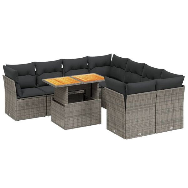 vidaXL Set de muebles de jard&iacute;n 9 pzas y cojines rat&aacute;n sint&eacute;tico gris