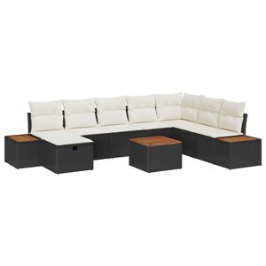 vidaXL Conjunto de sof&aacute; de jard&iacute;n con almohada 9 pcs Negro Polirat&aacute;n