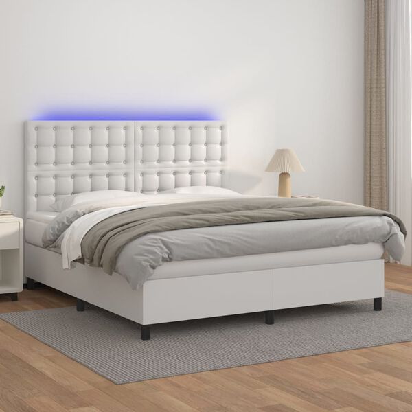 vidaXL Cama box spring colch&oacute;n y LED cuero sint&eacute;tico blanco 180x200 cm