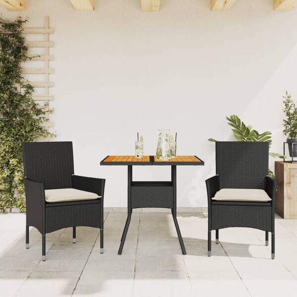 vidaXL Set de comedor jard&iacute;n 3 pzas con cojines rat&aacute;n PE acacia negro