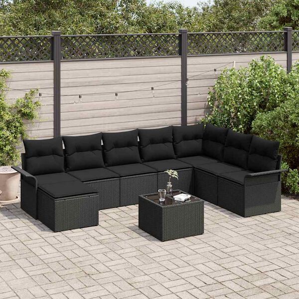 vidaXL Conjunto de sof&aacute; de jard&iacute;n 9 pcs Negro rat&aacute;n sint&eacute;tico
