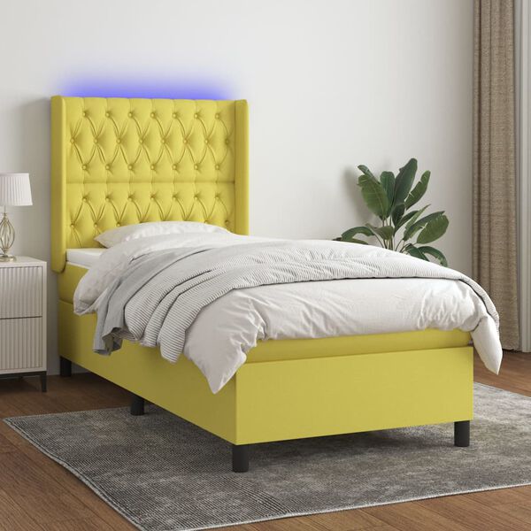 vidaXL Cama box spring colch&oacute;n y luces LED tela verde 90x190 cm