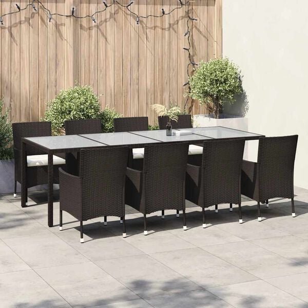vidaXL Set de comedor jard&iacute;n 9 pzas y cojines rat&aacute;n sint&eacute;tico marr&oacute;n