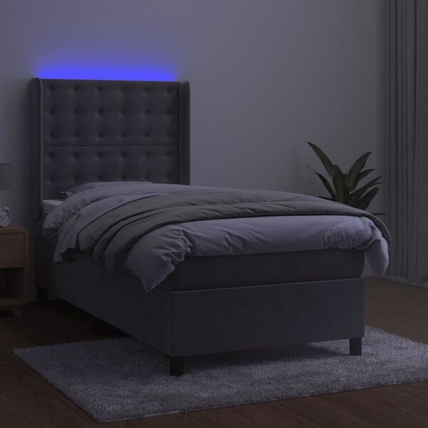vidaXL Cama box spring colch&oacute;n y LED terciopelo gris claro 90x200 cm