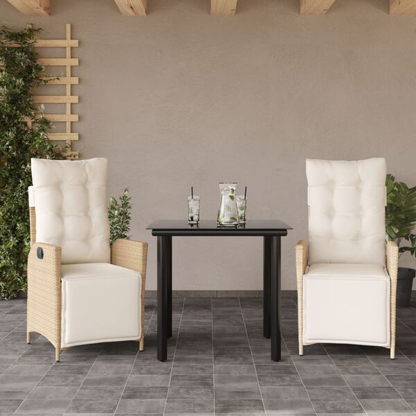 vidaXL Set comedor de jard&iacute;n 3 pzas con cojines rat&aacute;n sint&eacute;tico beige
