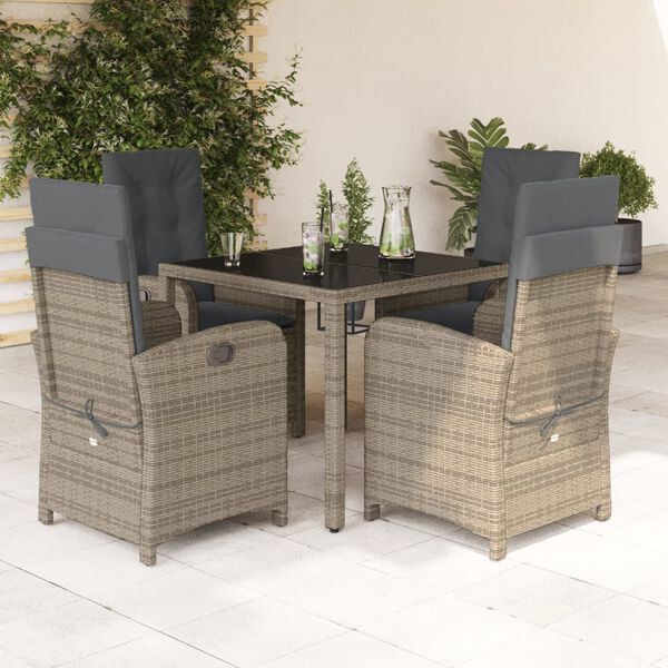 vidaXL Set comedor de jard&iacute;n 5 piezas con cojines rat&aacute;n sint&eacute;tico gris