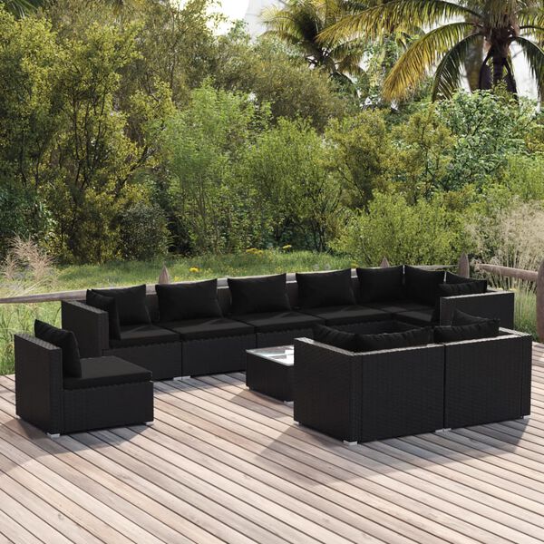 vidaXL Set de muebles de jardín 10 pzs y cojines ratán sintético negro