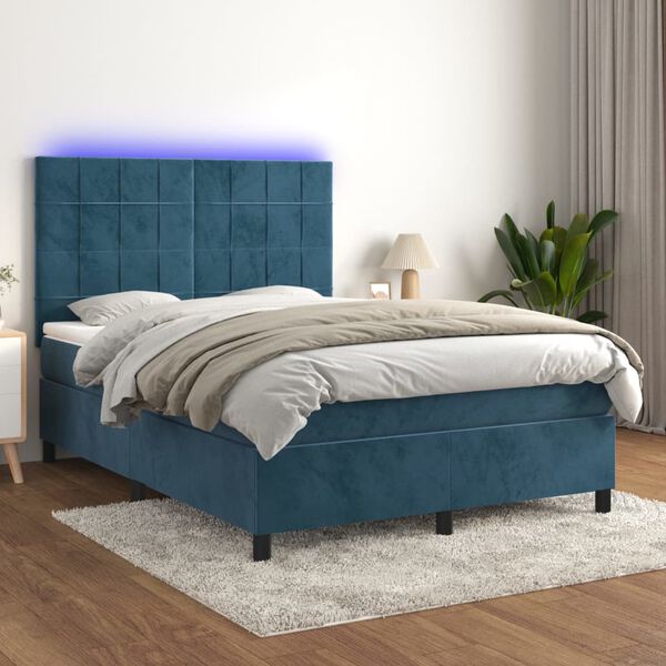 vidaXL Cama box spring colch&oacute;n y LED terciopelo azul oscuro 140x190 cm