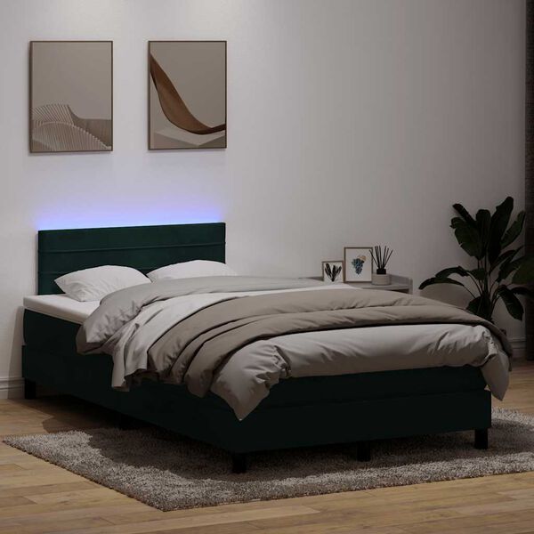 vidaXL Cama box spring con colch&oacute;n y LED terciopelo verde oscuro 120x210 cm