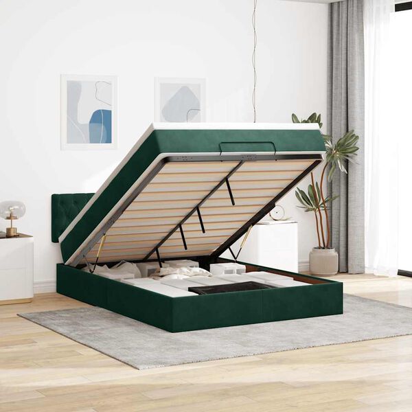 vidaXL Estructura de cama otomana con colch&oacute;n verde oscuro 140x200 cm