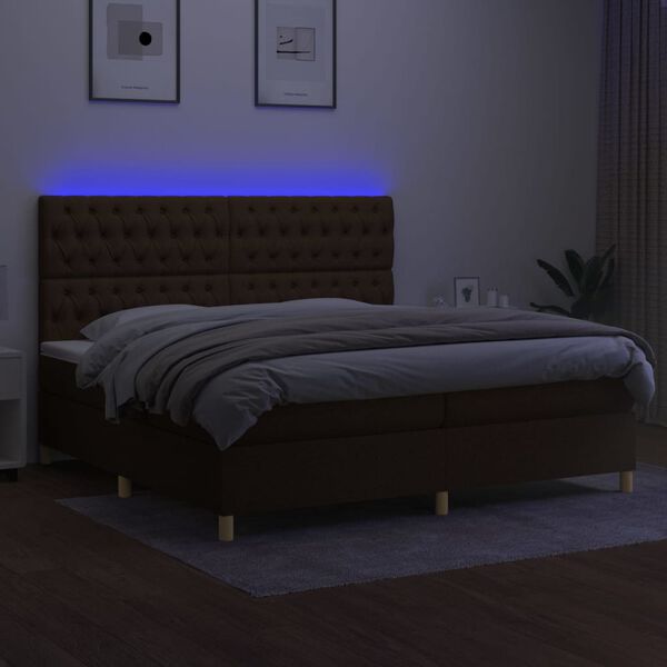 vidaXL Cama box spring colch&oacute;n luces LED tela marr&oacute;n oscuro 200x200 cm