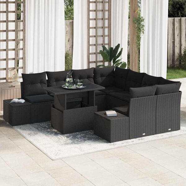 vidaXL Conjunto de sof&aacute; de jard&iacute;n 9 pcs Negro rat&aacute;n sint&eacute;tico