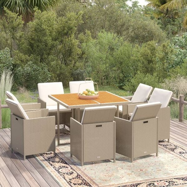vidaXL Set comedor de jard&iacute;n 9 pzas con cojines rat&aacute;n sint&eacute;tico beige