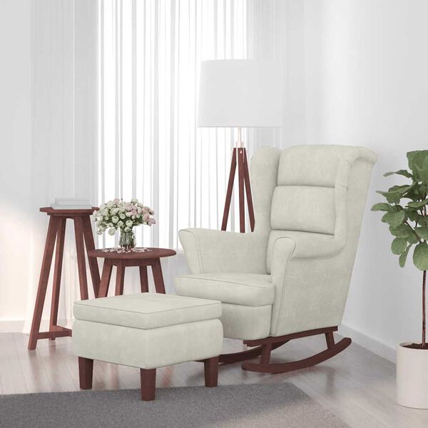 vidaXL Mecedora con respaldo alto de terciopelo crema y madera maciza