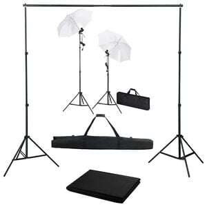 vidaXL Kit estudio fotogr&aacute;fico con tel&oacute;n de fondo, l&aacute;mparas y paraguas