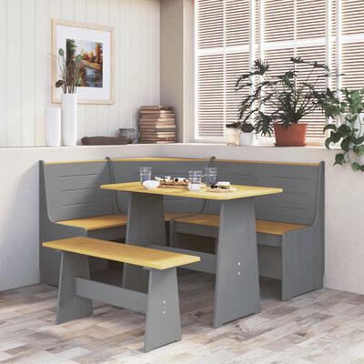 vidaXL Mesa de comedor con banco madera maciza gris y marrón miel