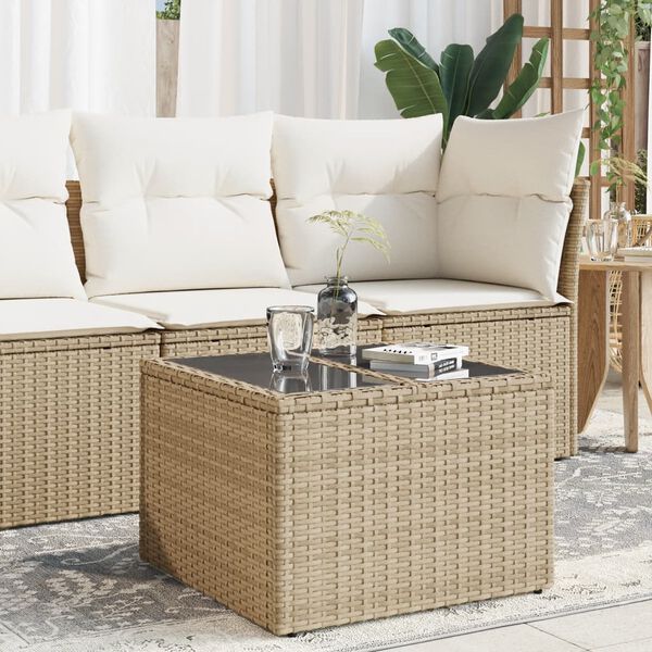 vidaXL Mesa de jardín superficie de vidrio ratán PE beige 55x55x37 cm