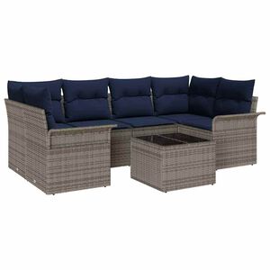 vidaXL Conjunto de sof&aacute; de jard&iacute;n 7 pcs Gris y marino rat&aacute;n sint&eacute;tico