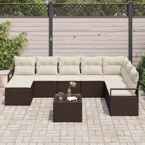 vidaXL Conjunto de sof&aacute; de jard&iacute;n 9 pcs Marr&oacute;n Polirat&aacute;n