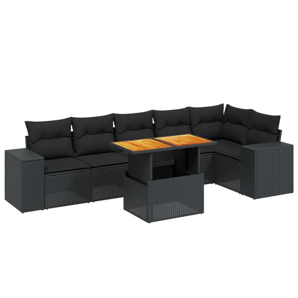 vidaXL Set de comedor de jard&iacute;n 7 pzas y cojines rat&aacute;n sint&eacute;tico negro