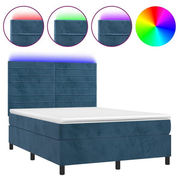 vidaXL Cama box spring colch&oacute;n y LED terciopelo azul oscuro 140x190 cm