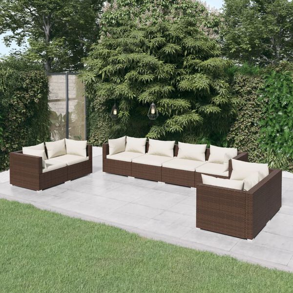 vidaXL Set muebles de jard&iacute;n 8 piezas y cojines rat&aacute;n sint&eacute;tico marr&oacute;n