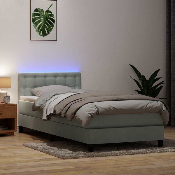 vidaXL Cama box spring con colch&oacute;n y LED terciopelo gris claro 100x220 cm